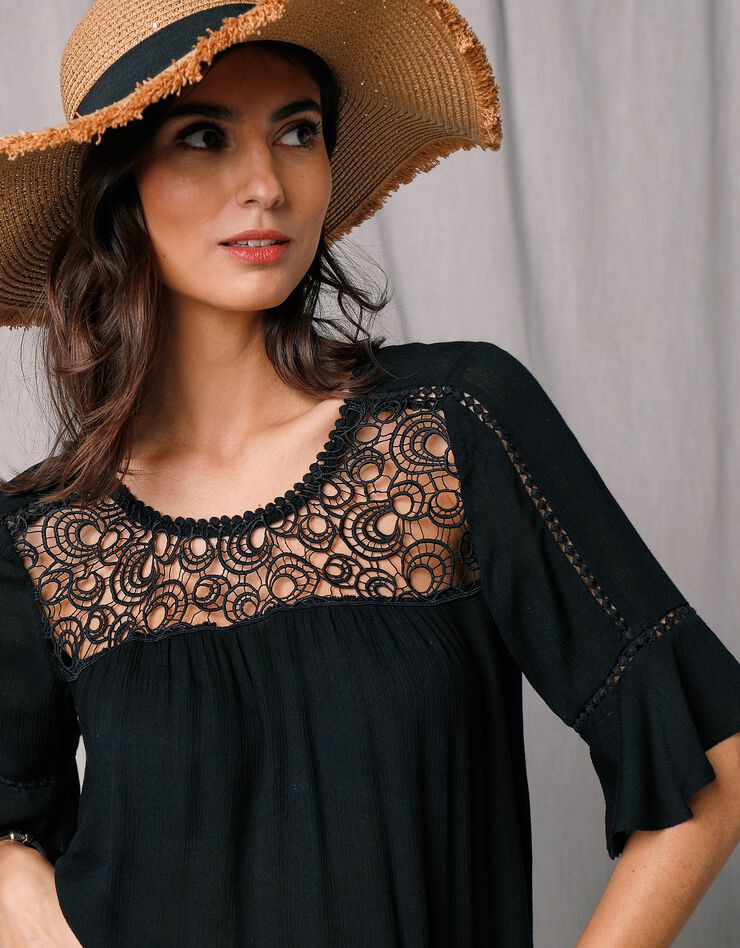 Blouse noire macramé manches 3/4 (noir) Blouse noire macramé manches 3/4 (noir)