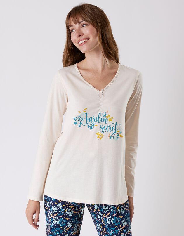 Tee-shirt pyjama manches longues imprimé placé "jardin secret" (écru)