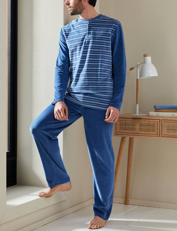 Pyjama pantalon ray&eacute; velours manches longues (bleu)