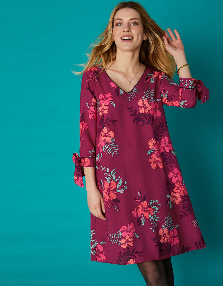 Robe évasée imprimée biais contrastés (prune / corail) Robe évasée imprimée biais contrastés (prune / corail)