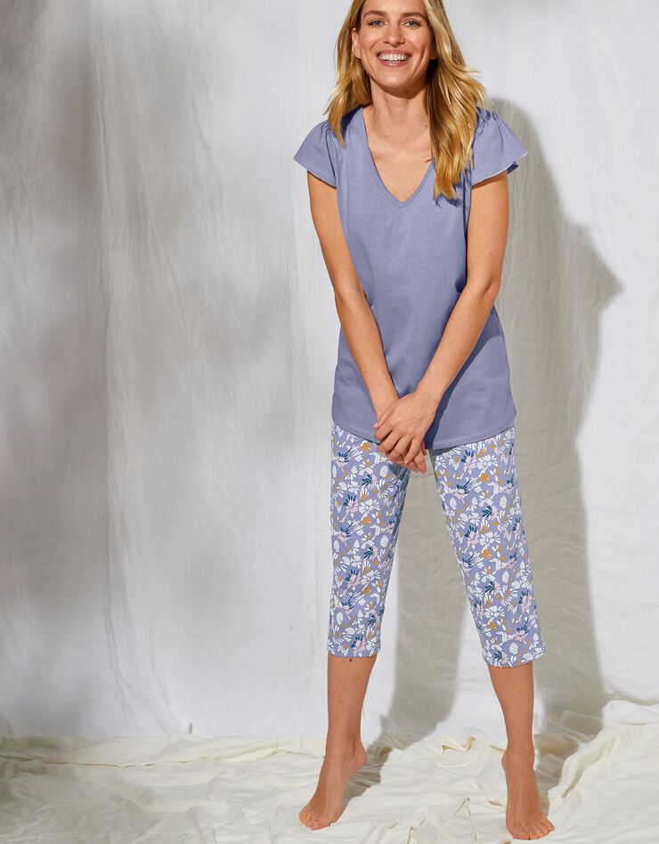 Pantacourt pyjama imprimé  "pétales de fleurs" (parme / écru)