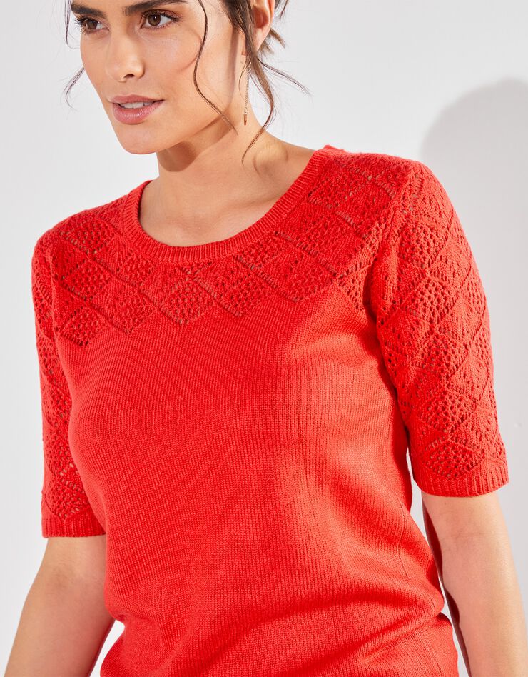 Pull manches courtes, maille ajourée toucher cachemire (rouge) Pull manches courtes, maille ajourée toucher cachemire (rouge)