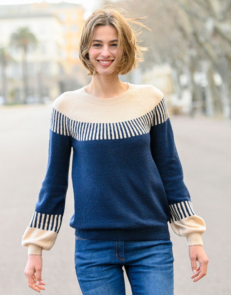Pull jacquard rayé manches longues blousantes (indigo) Pull jacquard rayé manches longues blousantes (indigo)