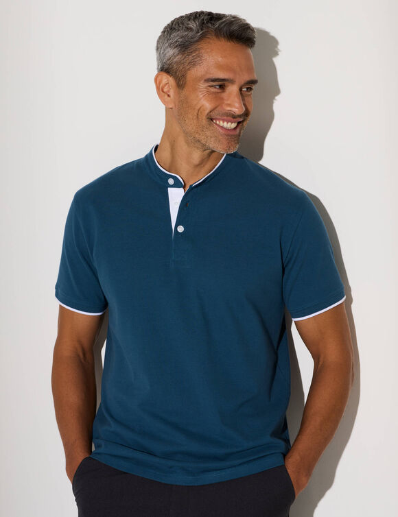 Polo uni col mao maille piquée manches courtes (bleu canard)