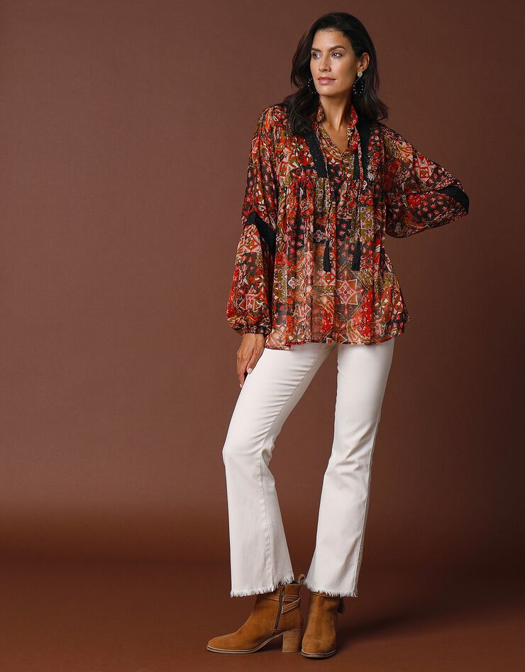 Blouse voile imprimé et macramé (noir / tomette) Blouse voile imprimé et macramé (noir / tomette)