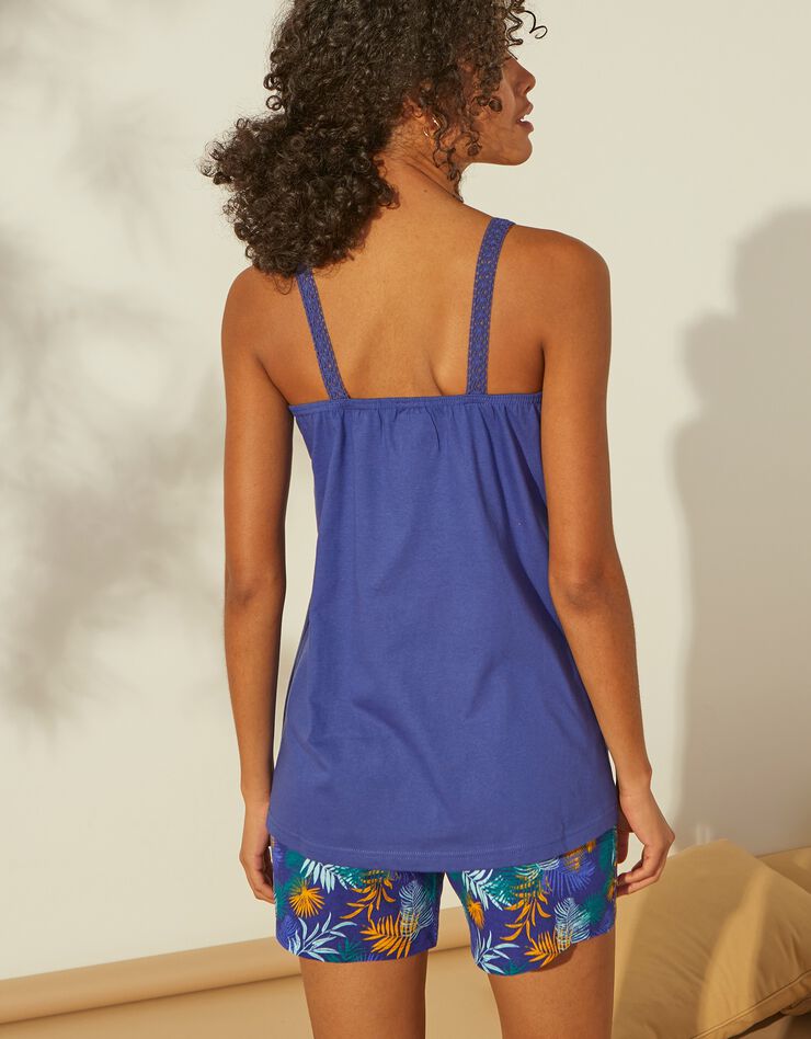 Top de pyjama en coton et macramé - uni tropical (bleu)