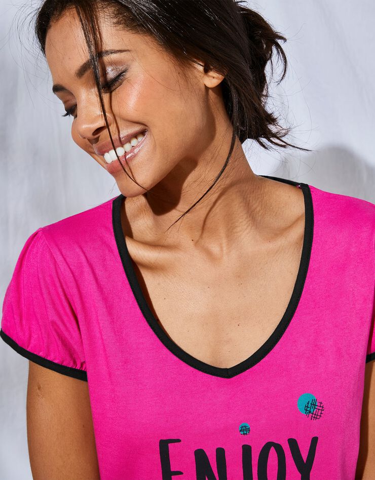 Tee-shirt manches courtes coton uni imprimé placé "Enjoy"  (fuchsia)