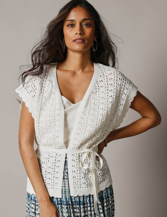 Gilet crochet en coton, manches courtes (&eacute;cru)
