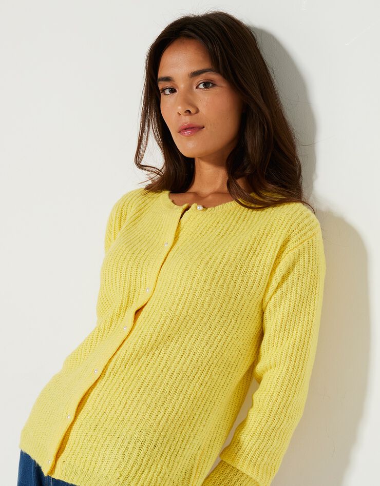 Cardigan boutons façon perles, maille anglaise (jaune) Cardigan boutons façon perles, maille anglaise (jaune)