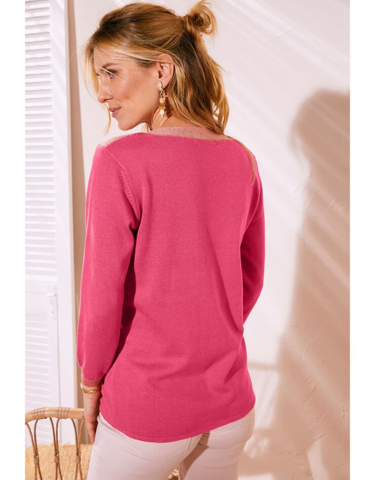Pull col bateau bicolore, fils brillants (cerise) Pull col bateau bicolore, fils brillants (cerise)