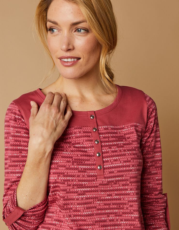 Tee-shirt col tunisien imprimé chiné (cerise chiné) Tee-shirt col tunisien imprimé chiné (cerise chiné)
