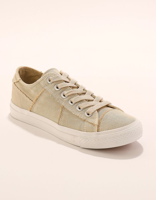 Tennis lacées en toile délavée à surpiqûres (beige)