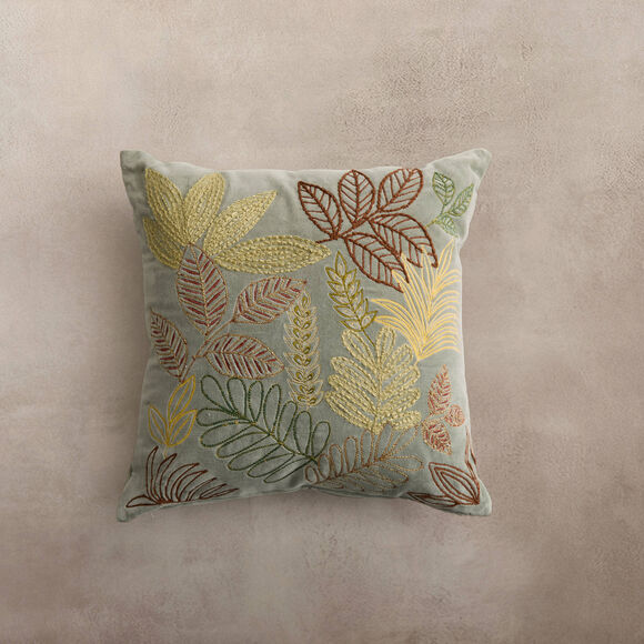 Coussin carr&eacute; velours brod&eacute; "feuilles" (vert)