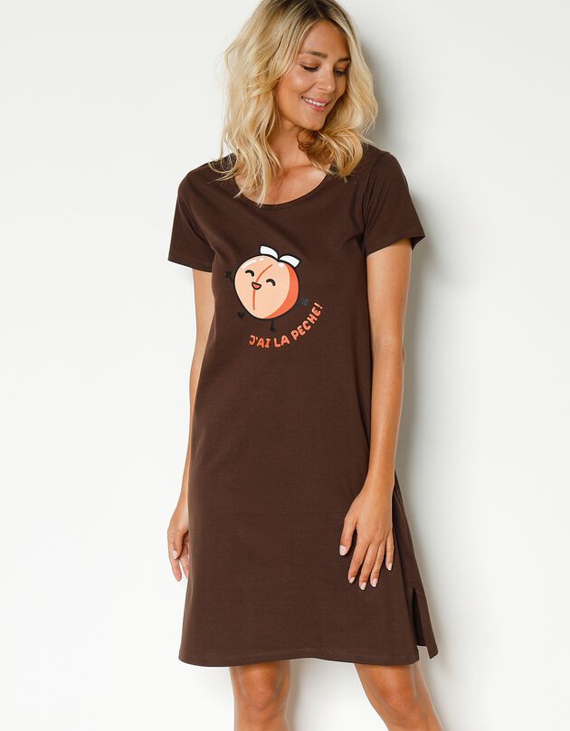 Chemise de nuit courte manches courtes motif "J'ai la pêche !" (chocolat) Chemise de nuit courte manches courtes motif "J'ai la pêche !" (chocolat)