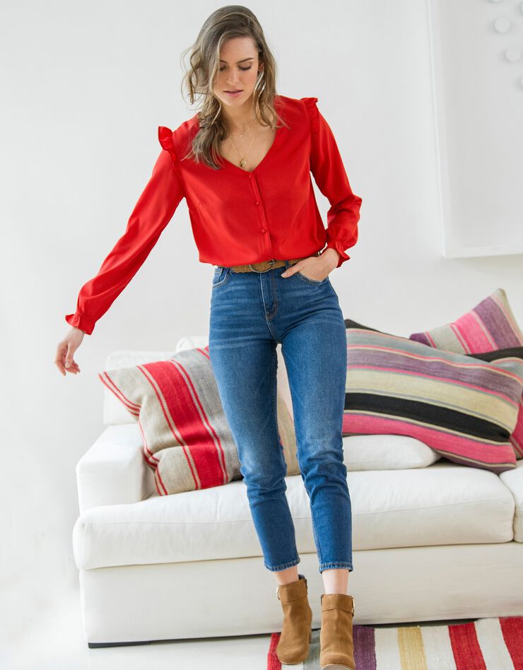 Blouse volantée boutonnée unie (vermillon) Blouse volantée boutonnée unie (vermillon)