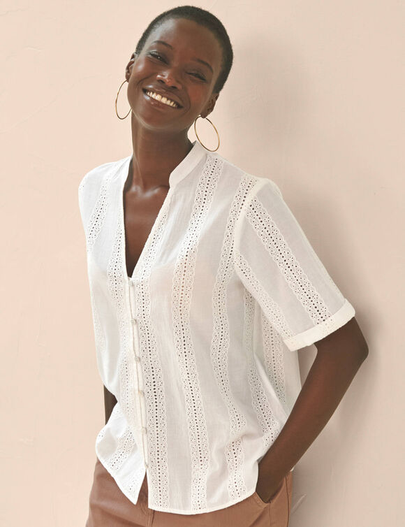 Chemisier col tunisien en broderie anglaise, manches courtes (blanc)