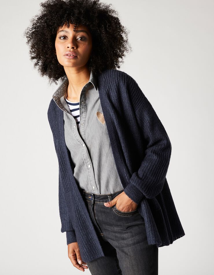 Gilet long porter ouvert, maille anglaise toucher mohair (marine)