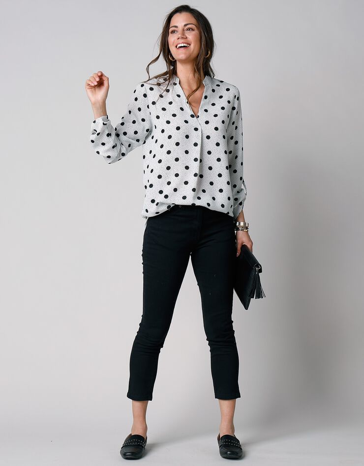 Blouse imprimé pois col tunisien, crêpe (écru / noir) Blouse imprimé pois col tunisien, crêpe (écru / noir)