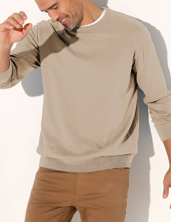 Pull pur coton col rond (taupe chin&eacute;)