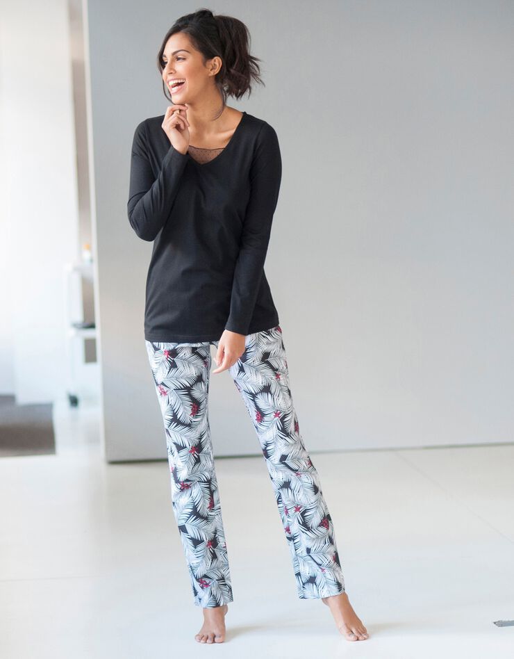 Pyjama empiècement plumetis - imprimé tropical (noir)