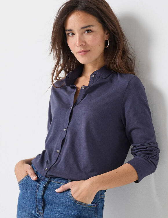 T-shirt boutonn&eacute; manches longues, col polo (marine)