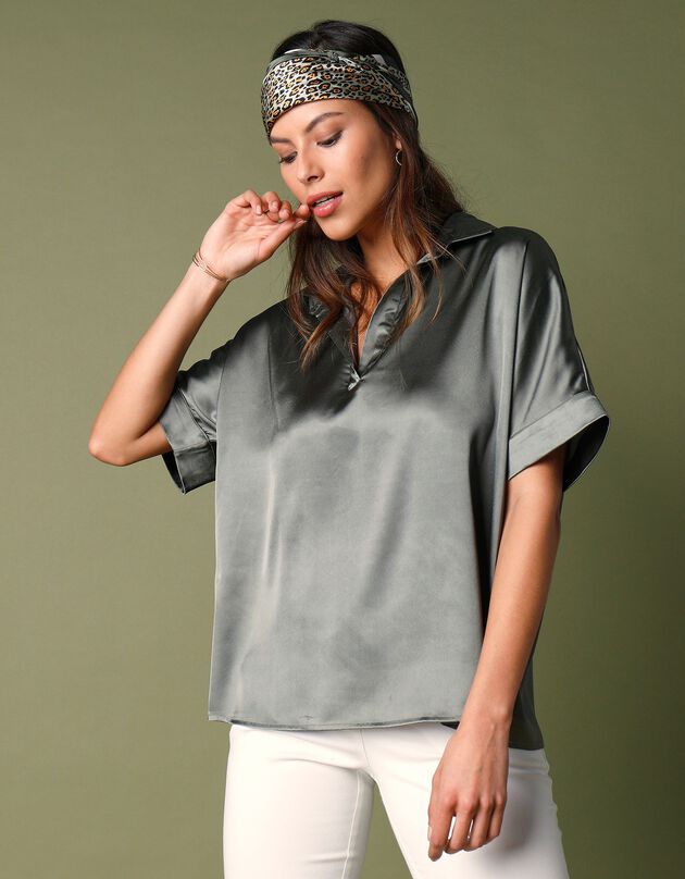 Blouse satin col V  (kaki)