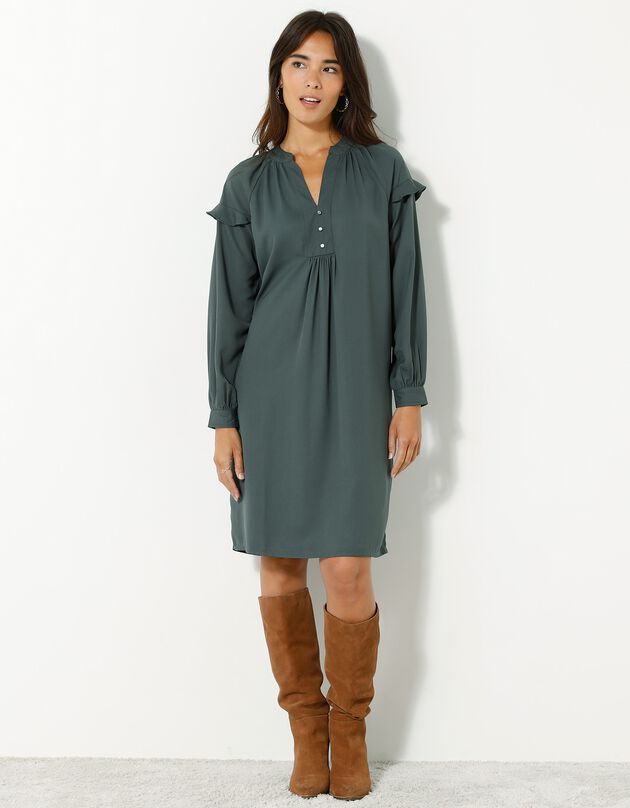 Robe forme housse volantée unie en polyester recyclé(1) (kaki)