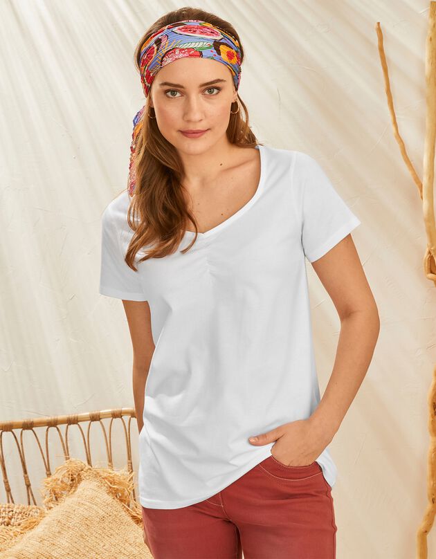 Tee-shirt col carré froncé uni coton bio (blanc) Tee-shirt col carré froncé uni coton bio (blanc)