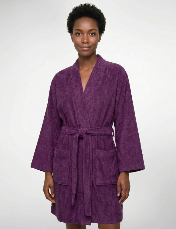 Peignoir court adulte col kimono  - &eacute;ponge bouclette 380 g/m&sup2; (aubergine)