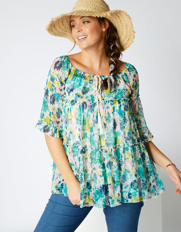 Blouse volantée imprimée, voile (écru / vert) Blouse volantée imprimée, voile (écru / vert)