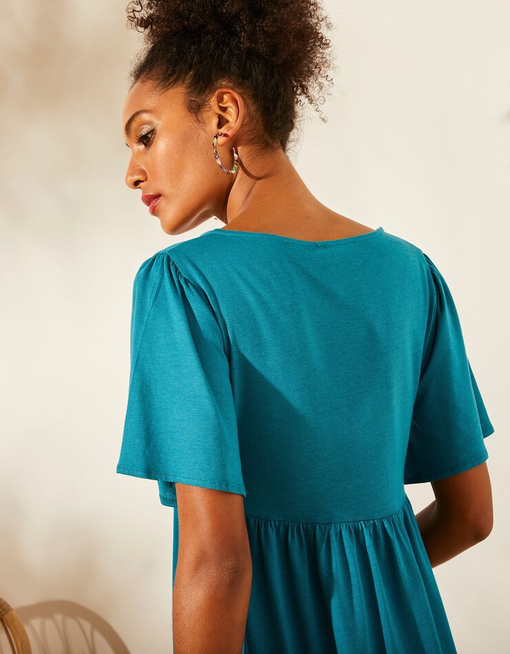 Robe ample froncée à manches courtes (bleu paon) Robe ample froncée à manches courtes (bleu paon)