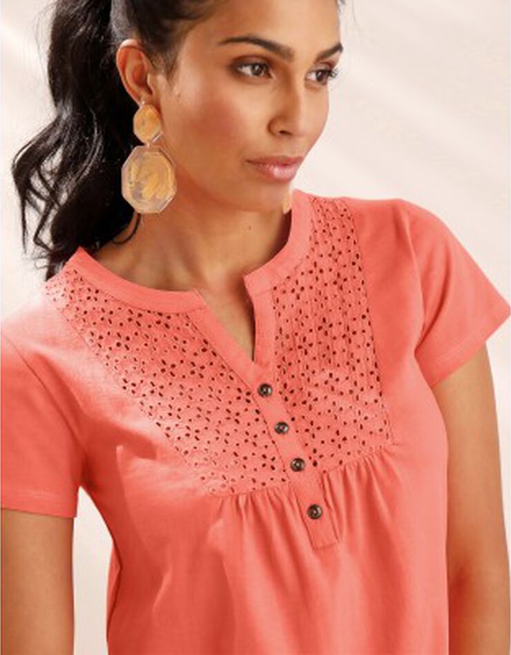 Tee-shirt boutonné broderie anglaise (pêche) Tee-shirt boutonné broderie anglaise (pêche)