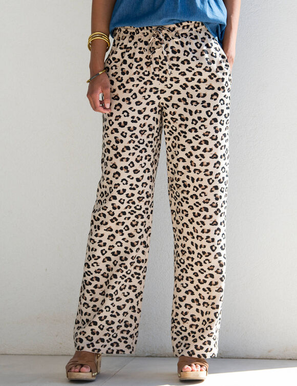 Pantalon fluide taille haute, imprim&eacute; l&eacute;opard (beige / taupe)