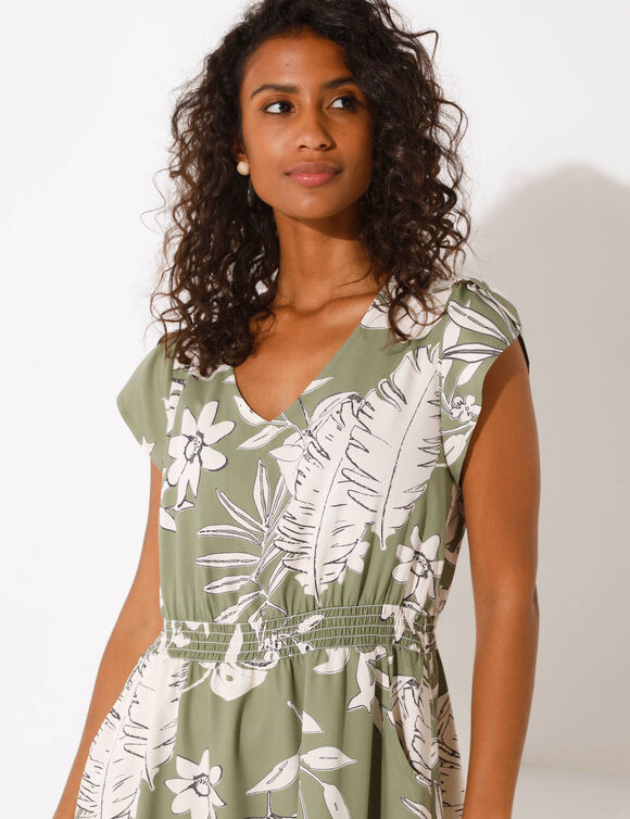 Robe courte macramé, imprimé tropical, taille smockée (kaki / beige)