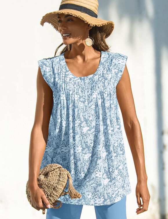 Tunique imprim&eacute; bicolore en voile (bleu gris&eacute; / blanc)