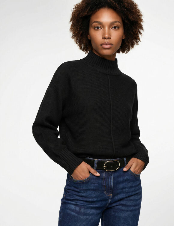 Pull &agrave; couture apparente manches chauve-souris, toucher doux (noir)