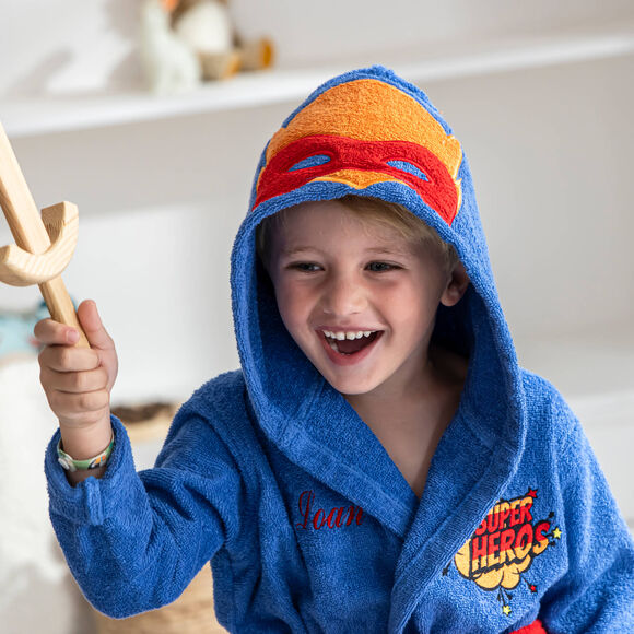 Peignoir de bain enfant personnalisable super-h&eacute;ros &agrave; capuche (bleu dur)
