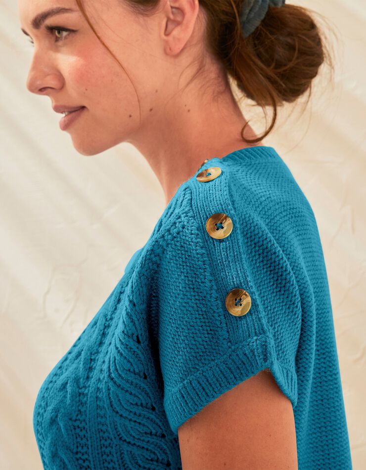 Pull torsadé toucher cachemire, manches courtes (bleu) Pull torsadé toucher cachemire, manches courtes (bleu)