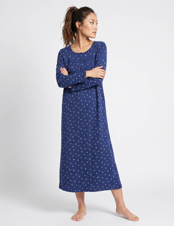Chemise de nuit longue manches longues imprim&eacute; n&oelig;uds (marine)