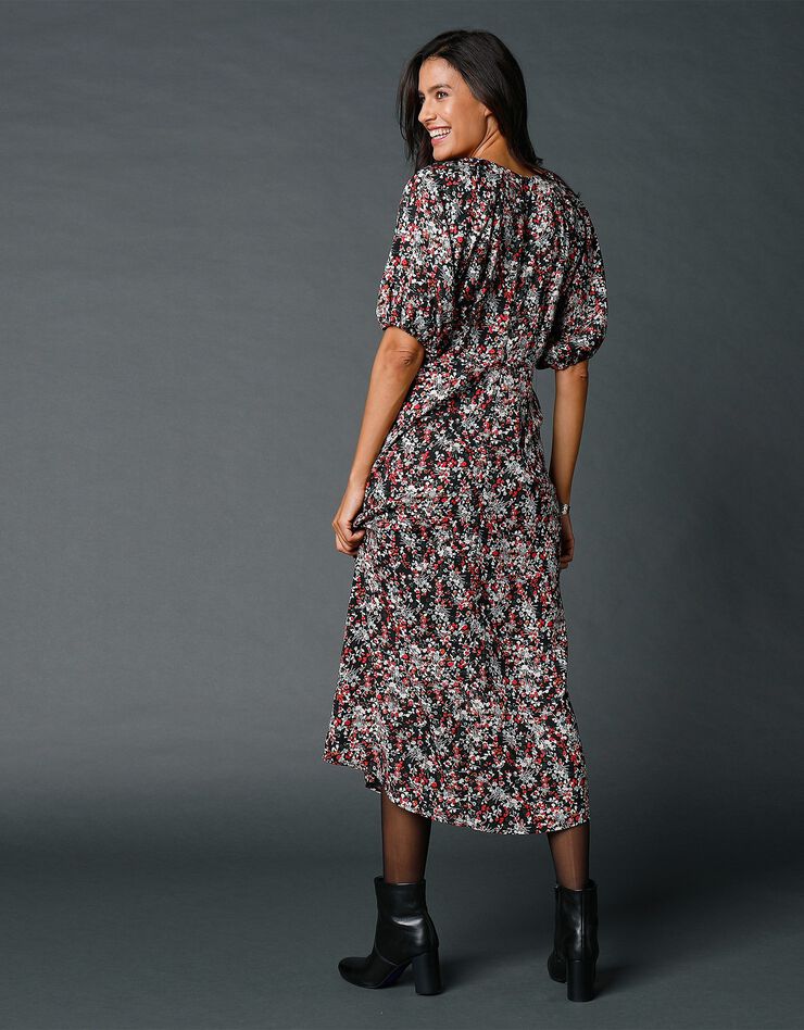 Robe longue imprimée froncée (noir / rose) Robe longue imprimée froncée (noir / rose)