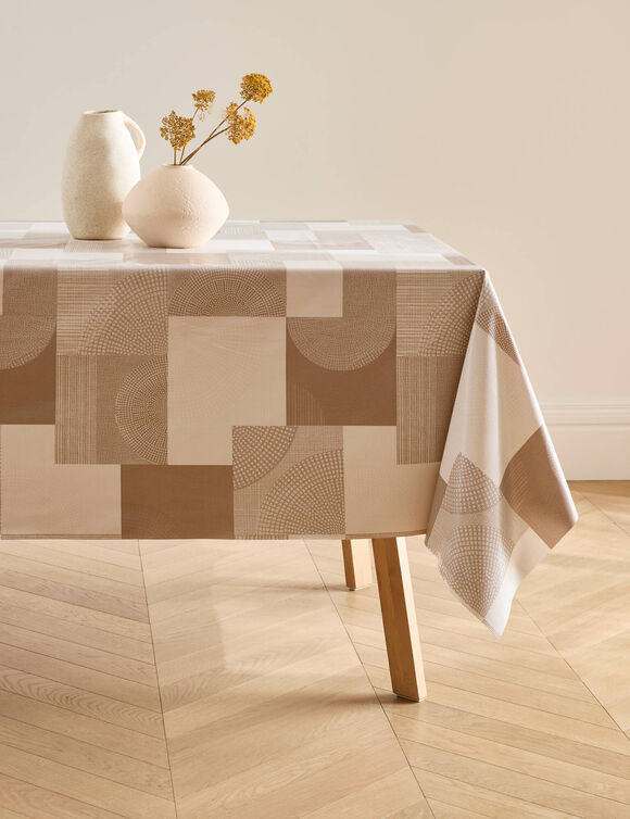 Nappe toile cir&eacute;e imprim&eacute; g&eacute;om&eacute;trique (beige)