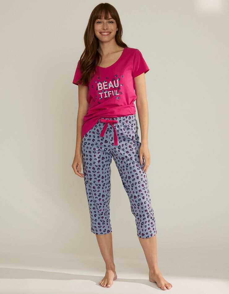 Tee-shirt manches courtes coton uni imprimé placé "Beautiful" (fuchsia) Tee-shirt manches courtes coton uni imprimé placé "Beautiful" (fuchsia)