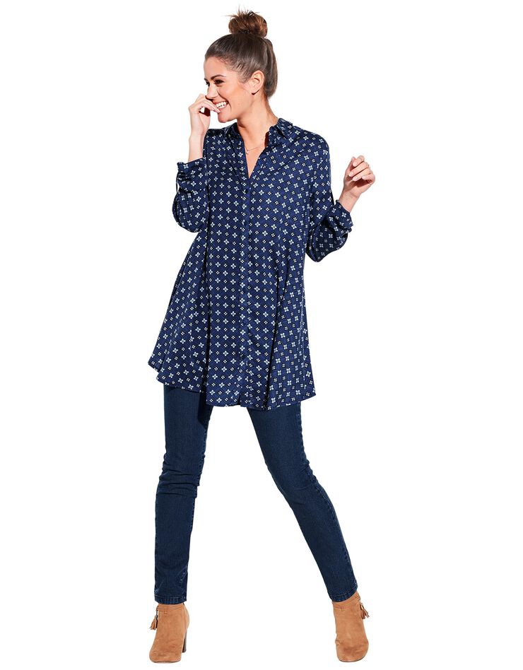 Tunique femme fluide imprimé graphique (bleu jean) Tunique femme fluide imprimé graphique (bleu jean)