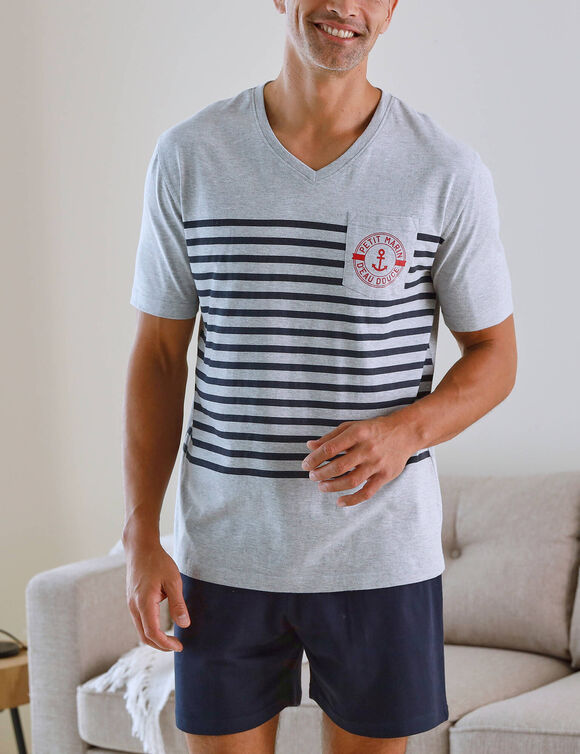 Pyjama short col V &agrave; message (gris chin&eacute; / marine)