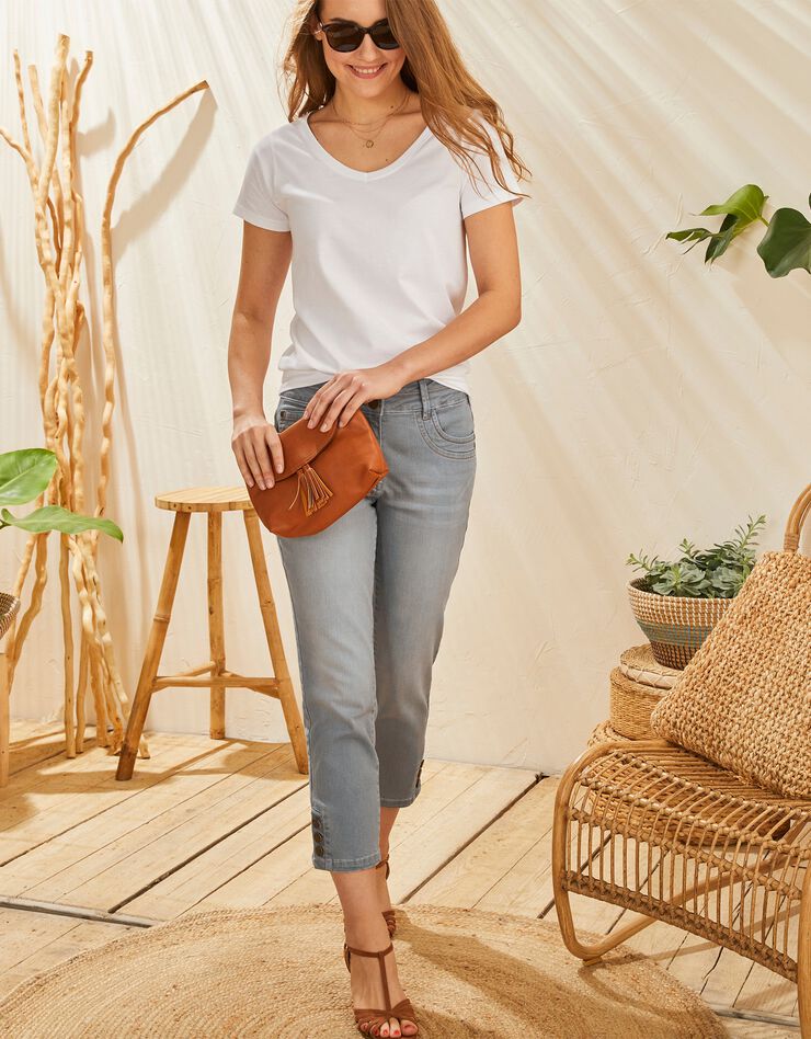Pantacourt fuselé base boutonnée, jean stretch (gris) Pantacourt fuselé base boutonnée, jean stretch (gris)