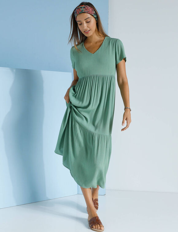 Robe col V longue unie, crépon (kaki clair)