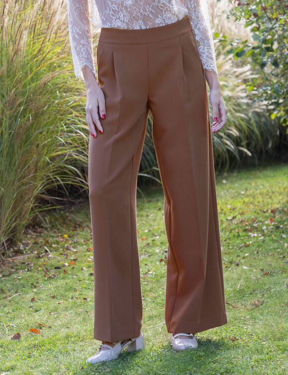 Pantalon large &agrave; pinces taille haute, uni (moka)