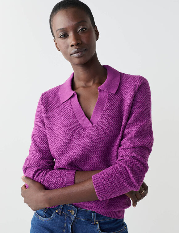 Pull col polo, maille fantaisie  (violet)