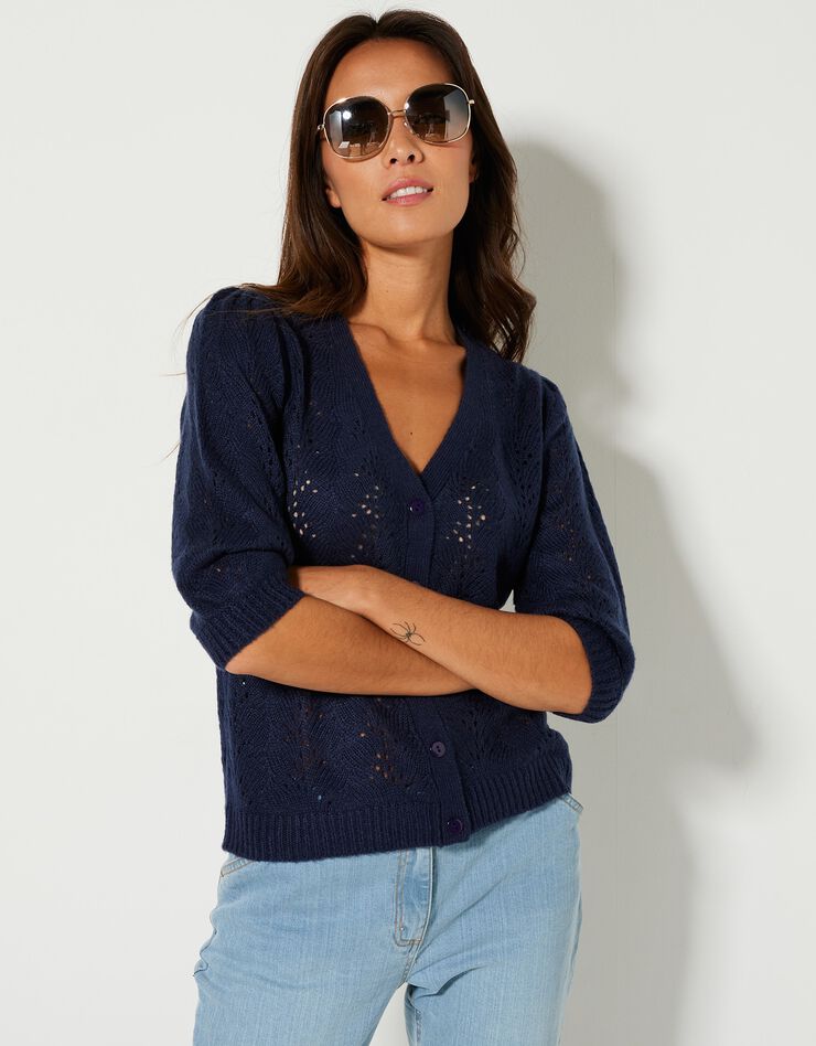 Gilet col V, maille ajourée toucher mohair (marine) Gilet col V, maille ajourée toucher mohair (marine)