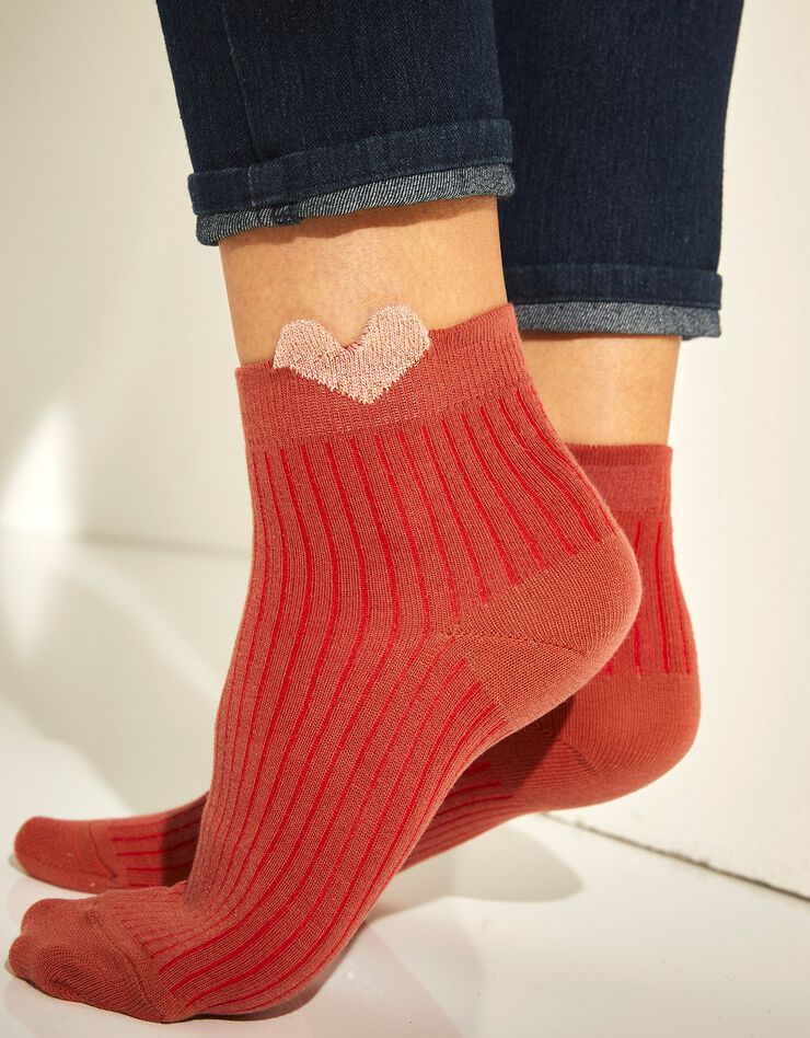 Chaussettes en maille côtelée à motif coeur brillant 3D - lot de 3 (terracotta / écru)